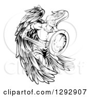 Poster, Art Print Of Black And White Muscular Male Guardian Angel Running With A Shield And Sword