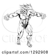 Poster, Art Print Of Black And White Muscular Angry Lion Man Roaring With Claws Bared