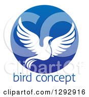 Clipart Of A Silhouetted White Dove Flying In A Blue Circle Over Sample Text Royalty Free Vector Illustration by AtStockIllustration