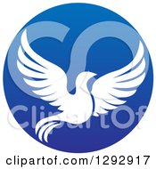 Clipart Of A Silhouetted White Dove Flying In A Blue Circle Royalty Free Vector Illustration by AtStockIllustration