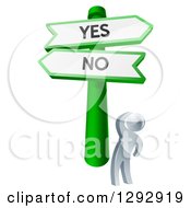Clipart Of A 3d Silver Man Looking Up At Yes And No Road Signs And Thinking On Which Direction To Go Royalty Free Vector Illustration by AtStockIllustration