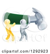 Clipart Of 3d Gold And Silver Men Carrying A Giant Hammer Royalty Free Vector Illustration