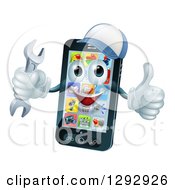 Poster, Art Print Of 3d Happy Smart Phone Character Wearing A Baseball Cap Holding A Thumb Up And A Wrench