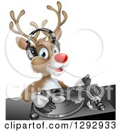 Poster, Art Print Of Happy Christmas Rudolph Reindeer Dj Wearing Headphones Over A Turntable