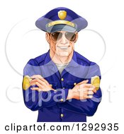 Happy Caucasian Male Police Officer With Folded Arms Wearing Sunglasses And Smiling
