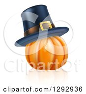 Poster, Art Print Of 3d Plump Thanksgiving Pumpkin With A Pilgrim Hat And Reflection