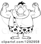 Clipart Of A Cartoon Black And White Happy Chubby Male Caveman Flexing His Muscles Royalty Free Vector Illustration