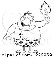 Clipart Of A Cartoon Black And White Chubby Male Caveman Holding Up A Torch Royalty Free Vector Illustration