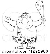 Poster, Art Print Of Cartoon Black And White Mad Chubby Male Caveman Holding Up A Fist And A Club