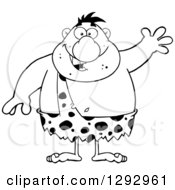 Clipart Of A Cartoon Black And White Happy Chubby Male Caveman Waving Royalty Free Vector Illustration