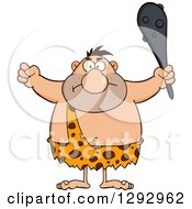 Cartoon Mad Chubby Male Caveman Holding Up A Fist And A Club