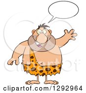 Clipart Of A Cartoon Happy Chubby Male Caveman Talking And Waving Royalty Free Vector Illustration