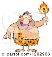 Clipart Of A Cartoon Chubby Male Caveman Holding Up A Torch Royalty Free Vector Illustration