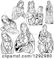 Clipart Of A Black And White Praying Virgin Mary Royalty Free Vector Illustration