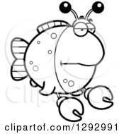 Lineart Clipart Of A Black And White Cartoon Bored Imitation Crab Fish Royalty Free Outline Vector Illustration