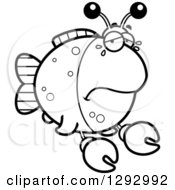 Lineart Clipart Of A Black And White Cartoon Sad Crying Imitation Crab Fish Royalty Free Outline Vector Illustration by Cory Thoman