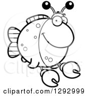 Lineart Clipart Of A Black And White Cartoon Happy Imitation Crab Fish Royalty Free Outline Vector Illustration
