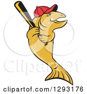 Poster, Art Print Of Happy Cartoon Trout Fish With A Baseball Bat And Cap