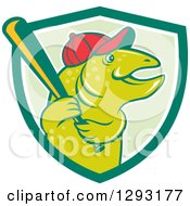 Happy Cartoon Trout Fish With A Baseball Bat And Cap Emerging From A Green And White Shield