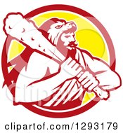 Retro Muscular Man Hercules Wearing A Lion Skin And Holding A Club In A Red White And Yellow Circle