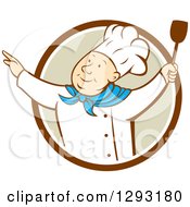 Retro Cartoon Happy White Male Chef Dancing With A Spatula In A Brown White And Tan Circle
