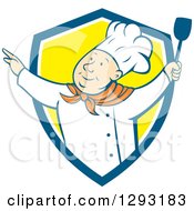 Clipart Of A Retro Cartoon Happy White Male Chef Dancing With A Spatula In A Blue White And Yellow Shield Royalty Free Vector Illustration