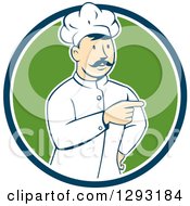 Retro Cartoon White Male Head Chef With A Mustache Pointing In A Blue White And Green Circle