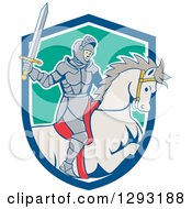 Poster, Art Print Of Cartoon Horseback Knight Wielding A Sword And Emerging From A Blue White And Turquoise Shield
