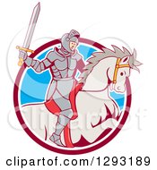 Poster, Art Print Of Cartoon Horseback Knight Wielding A Sword And Emerging From A Maroon White And Blue Circle