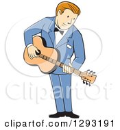 Poster, Art Print Of Retro Cartoon White Male Musician Playing A Guitar And Wearing A Blue Suit