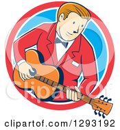 Poster, Art Print Of Retro Cartoon White Male Musician Playing A Guitar And Emerging From A Red White And Blue Circle