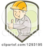 Poster, Art Print Of Retro Cartoon White Male Construction Worker Foreman Giving A Thumb Up In A Green And White Shield