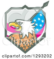 Poster, Art Print Of Retro Cartoon Tough Bald Eagle Head With An American Flag In A Shield