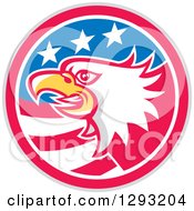 Poster, Art Print Of Retro Tough Bald Eagle Head In A Gray Red White And Blue American Flag Circle