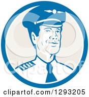 Retro Male Commercial Aircraft Pilot In A Blue White And Tan Circle