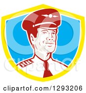 Clipart Of A Retro Male Commercial Aircraft Pilot In A Yellow White And Blue Shield Royalty Free Vector Illustration by patrimonio