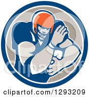 Clipart Of A Retro Male Gridiron American Football Player Fending With A Ball In A Blue White And Taupe Circle Royalty Free Vector Illustration