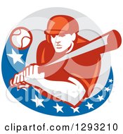 Poster, Art Print Of Retro Ball Flying At A Male Baseball Player Batting Inside An American Circle