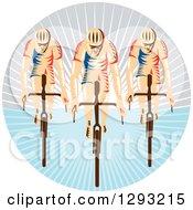 Poster, Art Print Of Team Of Retro Woodcut Cyclists In A Circle Of Sunshine