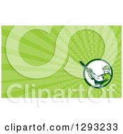 Retro Man Holding A Hedge Trimmer Chainsaw And Green Rays Background Or Business Card Design