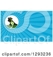 Clipart Of A Retro Silhouetted Landscaper With A Shovel And Plant And Blue Rays Background Or Business Card Design Royalty Free Illustration