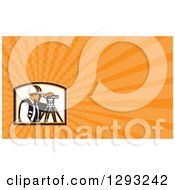 Clipart Of A Retro Surveyor Using A Theodolite And Orange Rays Background Or Business Card Design Royalty Free Illustration