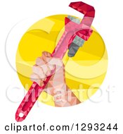 Clipart Of A Low Polygon Geometric Plumbers Hand Holding A Monkey Wrench In A Yellow Circle Royalty Free Vector Illustration