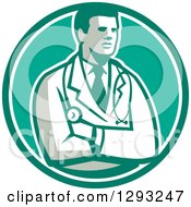Clipart Of A Retro Male Doctor Or Veterinarian With Folded Arms In A Green And White Circle Royalty Free Vector Illustration
