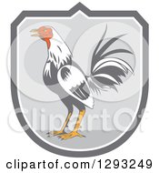 Clipart Of A Retro Crowing Rooster In A Gray And White Shield Royalty Free Vector Illustration