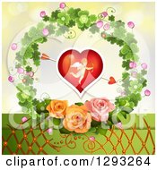 Poster, Art Print Of Valentines Day Background Of An Arrow Through A Cupid Heart With Lattice And Roses In A Clover Wreath
