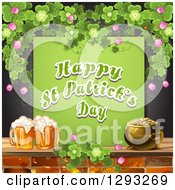 St Patricks Day Greeting Beer And Pot Of Gold With Shamrocks Over Black