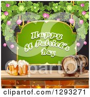Green Happy St Patricks Day Sign With A Beer Keg And Mugs And Shamrocks Over Black
