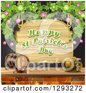 Wooden Happy St Patricks Day Sign With A Pot Of Gold Beer Keg And Shamrocks Over Black