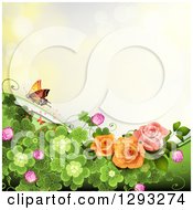 Poster, Art Print Of Floral Background With Roses Shamrocks And A Butterfly With Bokeh Flares